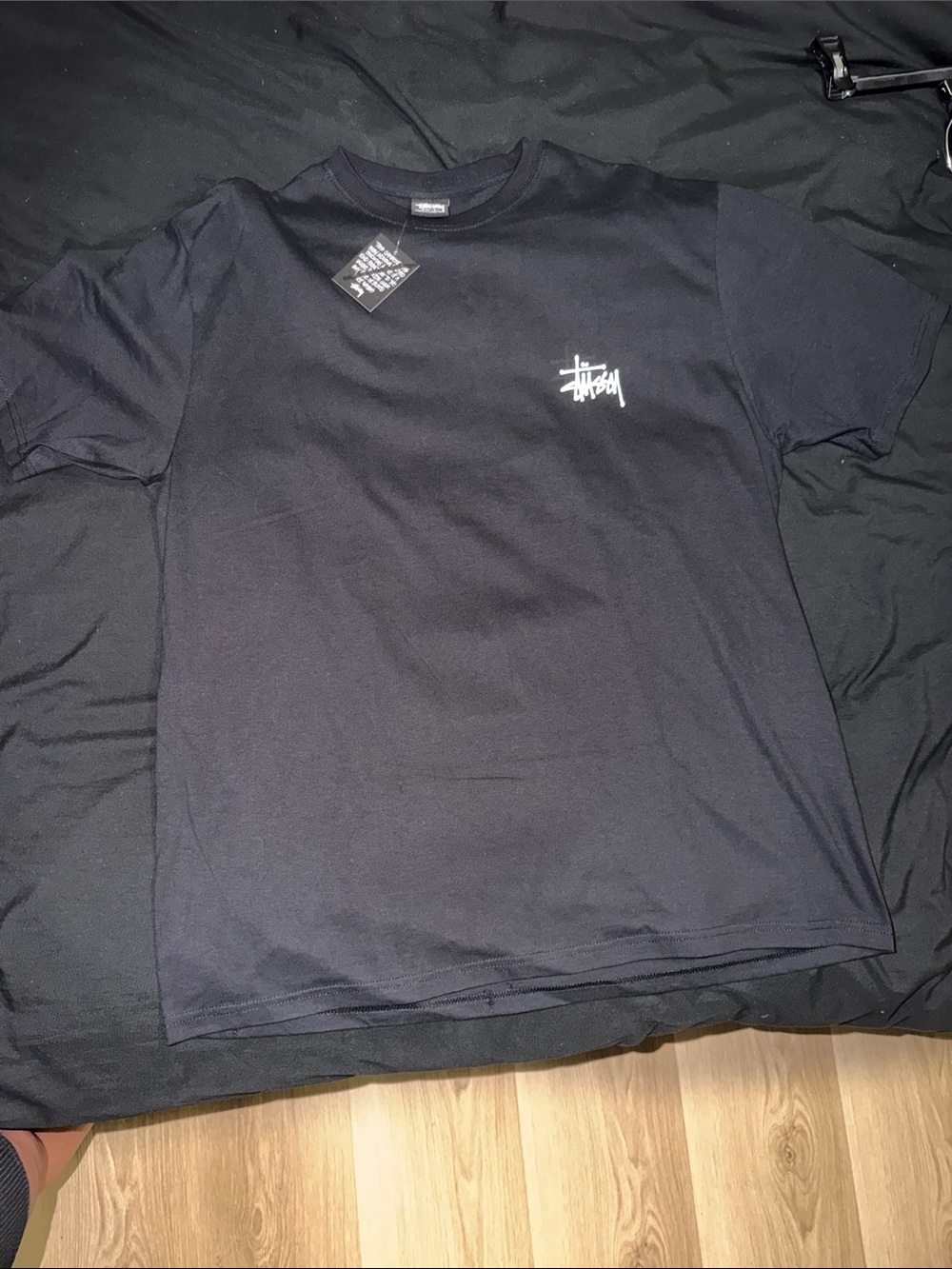 Stussy Black Crew Tee with White Script Logo